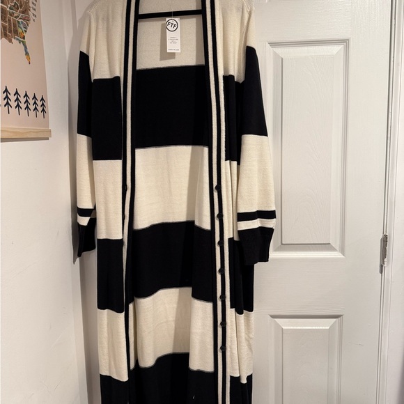 Fashion to Figure Sweaters - Black and White Striped Maxi Cardigan